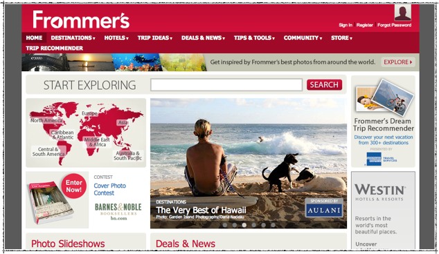 Frommer’s is very aware of the way people shop for travel by interests and locations. But it does not translate on its social media strategy. | Frommers content segmentation
