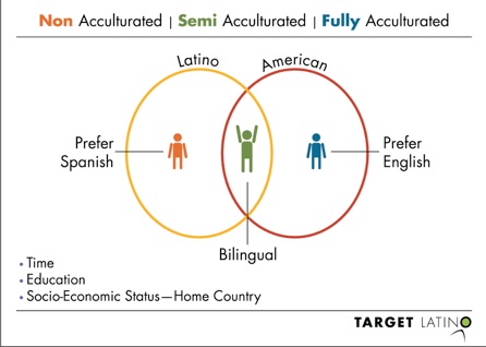 Acculturation is the process of incorporating or acquiring of a new culture without foregoing another one.  | Depiction of the acculturation process for the hispanic market by Target Latino