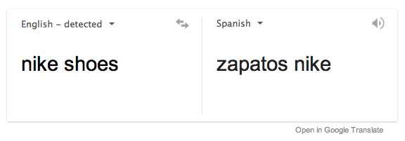 Google Translate for Nike Shoes to Spanish brings us only the most common translation